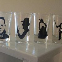 4 Slasher Shot Glasses Michael Myers Freddy Jason Leatherface Horror Halloween Merch Massacre Bar Drinkware