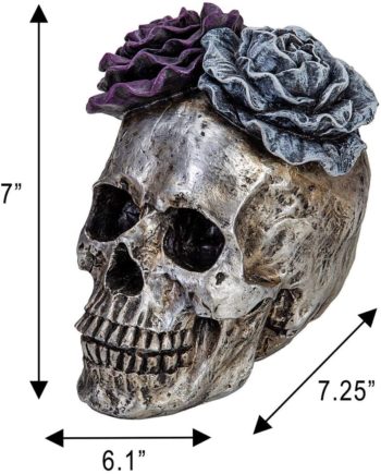 Halloween Skull Statues Home Decor Day of Dead Purple Grey Rose Silver Skull Resin Figurine Flower Skull Decor 7.25" L