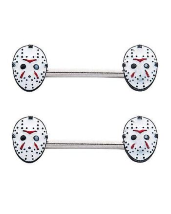 White Jason Voorhees Mask Nipple Barbells 14 Gauge - Friday the 13th