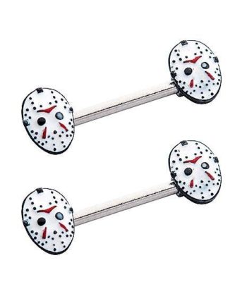White Jason Voorhees Mask Nipple Barbells 14 Gauge - Friday the 13th