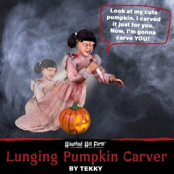 Haunted Hill Farm Lunging Pumpkin Carver Girl with Lights by Tekky | Talking Animated Halloween Decorations | Battery Operated Animatronics | Festive Holiday Decor | HHPMPCVR-FLSA, Multicolor