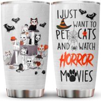 34HD Christmas Gifts for Cat Lovers, Pet Cats And Watch Horror Movies Tumbler Stainless Steel with Lid, Cats Coffee Mug, Birthday Gifts for Horror Lovers