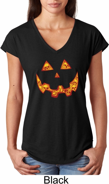 Halloween Jack O Lantern Skull Ladies Tri Blend V-Neck Shirt