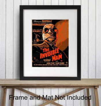 The Invisible Man - 8x10 Vintage Hollywood Horror Movie Poster Wall Art Print - Creepy Classic Scary Movie Home Decor Picture for Man Cave, Boys Bedroom, Teens Room - Gift for Men